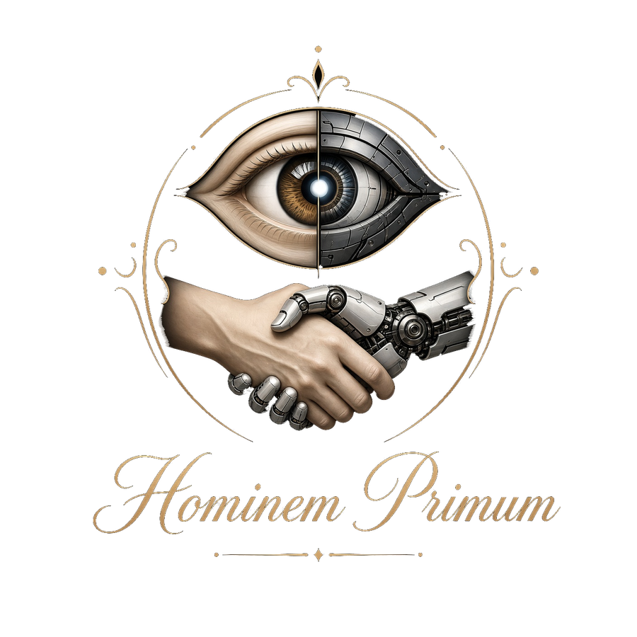Hominem Primum: a human hand and a robot hand shaking beneath a half-human, half-machine eye